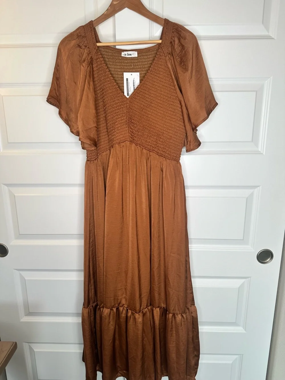 In Loom Emilia Dress Size L Sepia Satin Smocked Midi - NWT